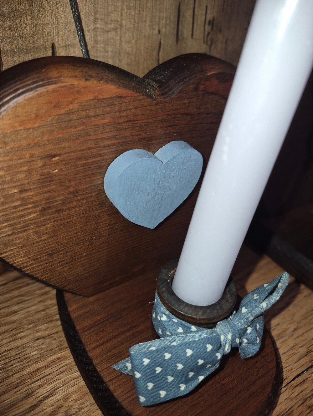 Set of handmade rustic wooden heart candle holders featuring blue heart accents - Picture 4 of 4